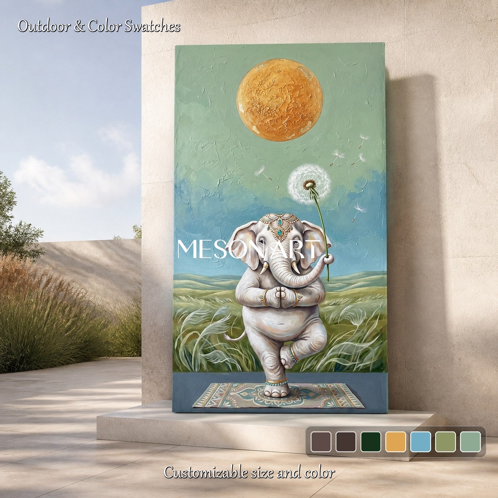 Green And Gold Surrealist Painting Yoga Elephant Original Artist Panoramic Wall Art For Living Room By Mesonart