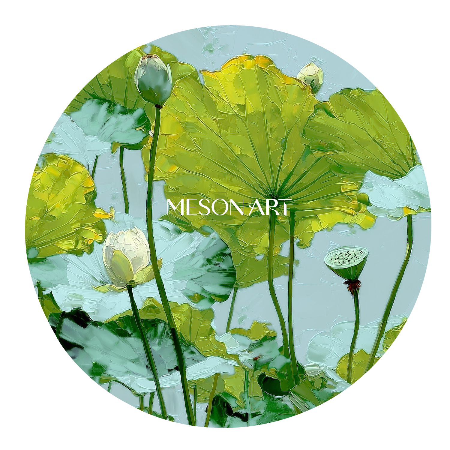 Round Lotus Landscape Canvas – Botanical Wall Art in Greens