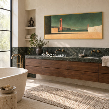 Green And Brown Surrealist Architectural Painting Minimal Geometric Bridge Horizon Panoramic Wall Art For Living Room By Mesonart