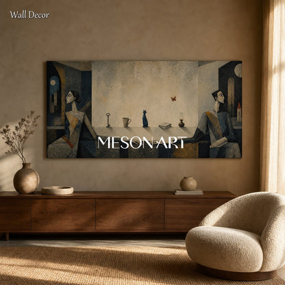 Beige And Blue Surreal Cubist Panoramic Art Geometric Couple Cat Modern Expressionism Textured Canvas Wall Decor For Living Room By Mesonart