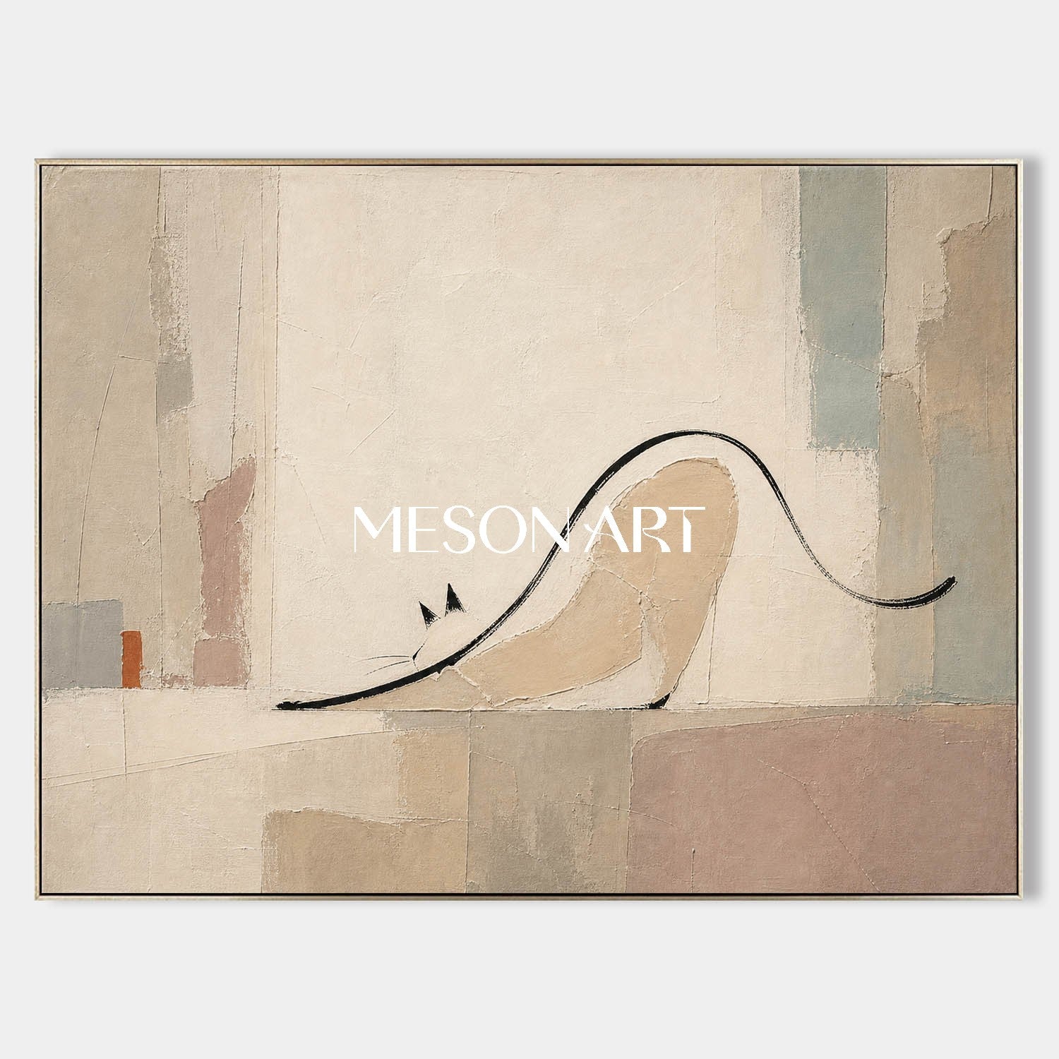Minimalist Cat Abstract Painting In Beige And Grey For Modern Living Room Decor