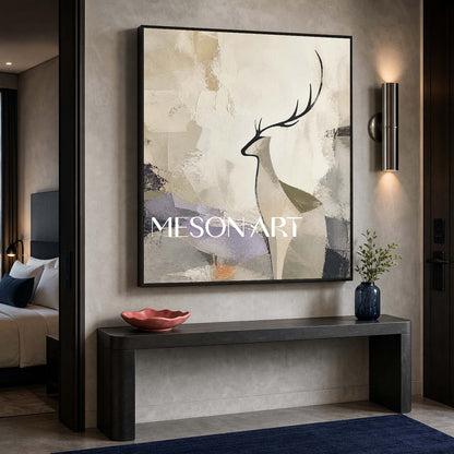 Minimalist Deer Abstract Canvas Art With Textured Beige Grey Tones For Living Room Bedroom Decor