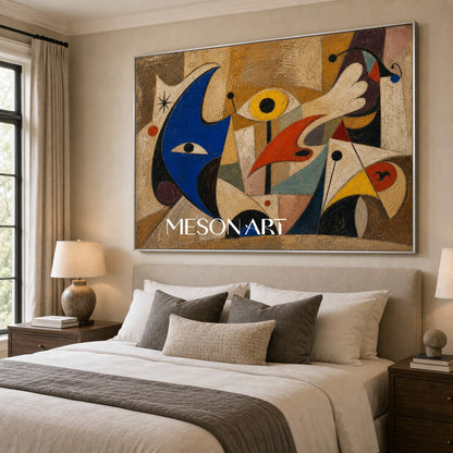 Pittura ad olio astratta surrealista su lino con toni blu e beige per l'arredamento del soggiorno