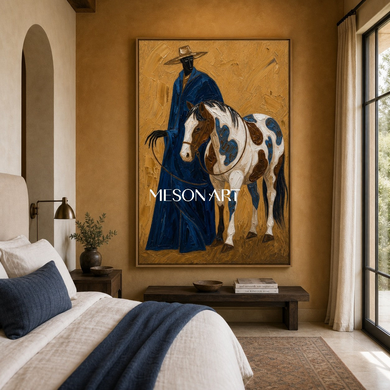 Azure Cowboy And Horse Painting With Textured Impasto For Mid Century Modern Decor