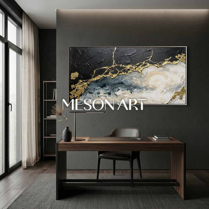 Large Black And Gold Abstract Painting With Plaster Texture For Modern Living Room Decor