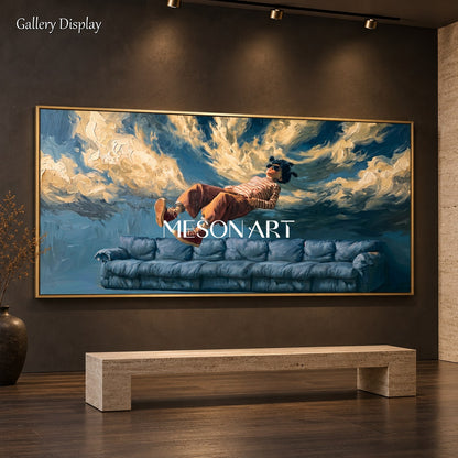 Blue And Brown Surrealist Painting Weightless Scene Panoramic Wall Art For Living Room By Mesonart