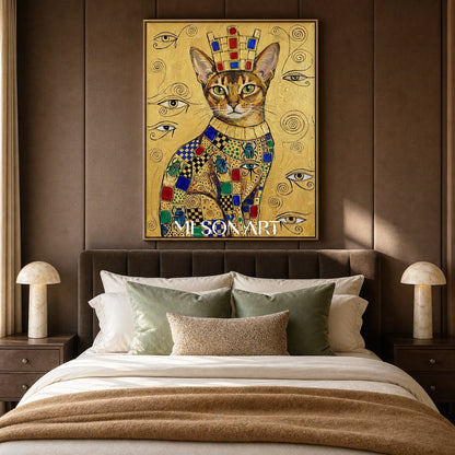 Golden Cat Portrait Painting Inspired By Klimt And Ancient Egypt For Luxury Home Decor
