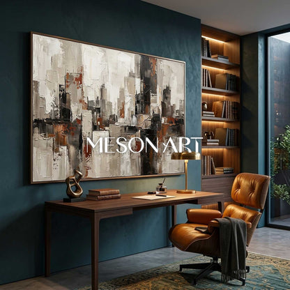Abstract City Painting With Plaster Texture For Modern Living Room And Office Decor