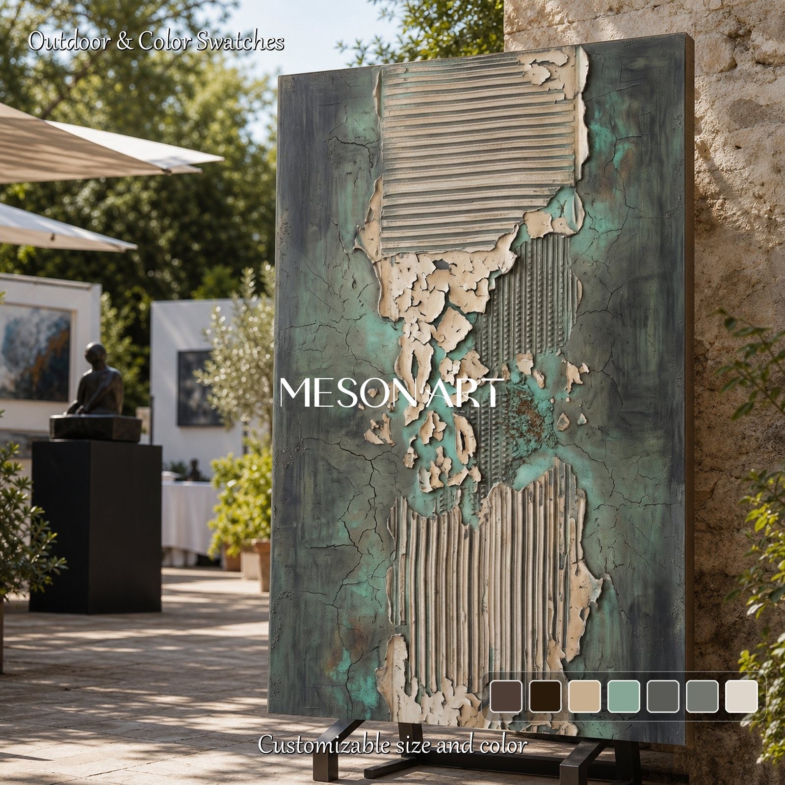 Green And Gray Textured Plaster Art With Geometric Relief For Modern Home Decor