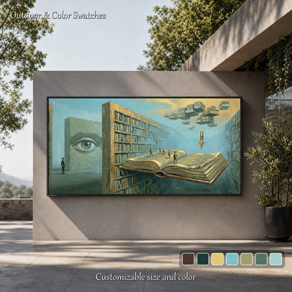 Large Surrealist Oil Painting Floating Book Library Art For Executive Office And Study Room Decor