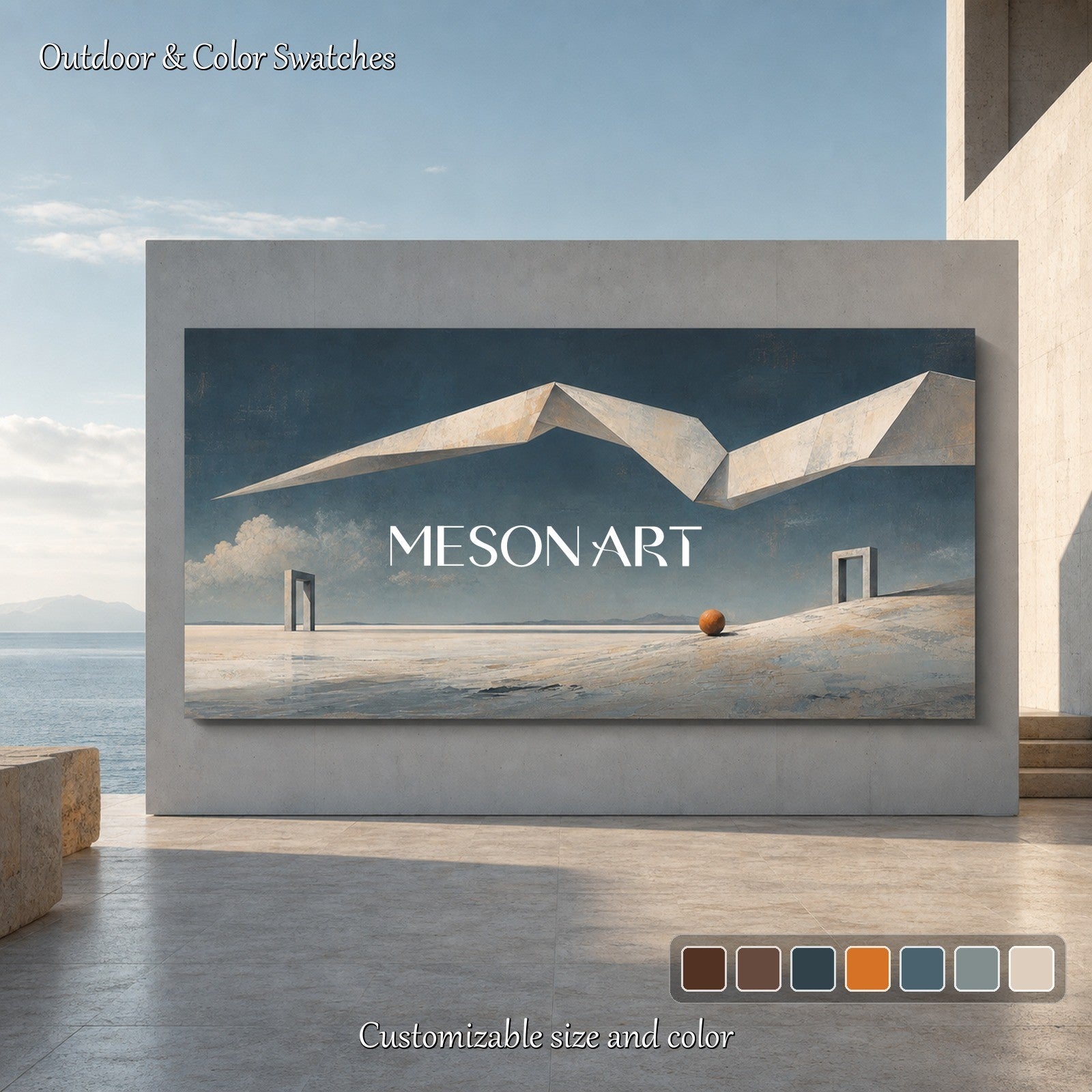 Surrealist Geometric Art Painting For Modern Living Room With Soft Blue Beige Tones