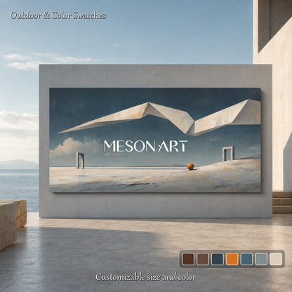 Surrealist Geometric Art Painting For Modern Living Room With Soft Blue Beige Tones