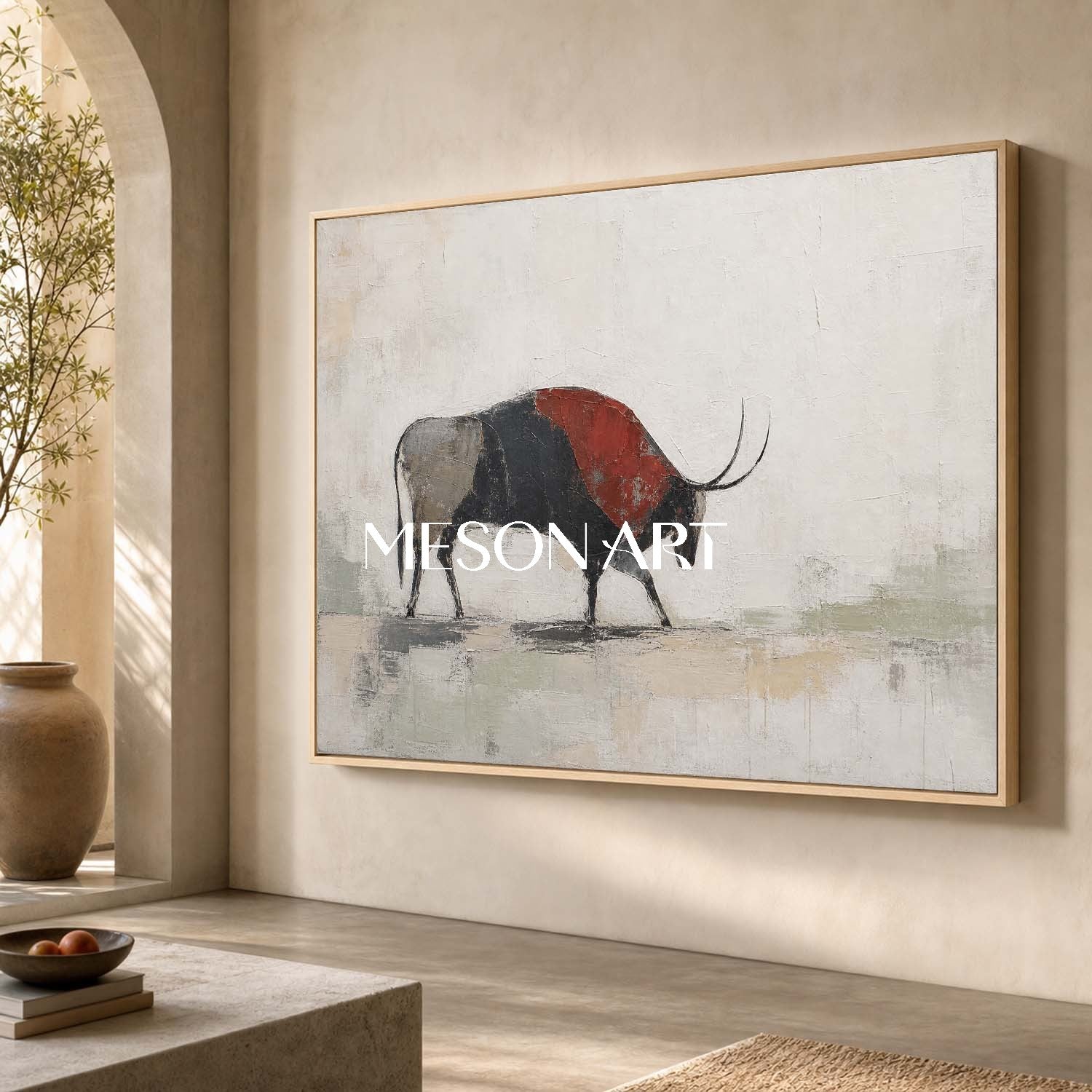 Minimalist Abstract Bison Painting In Beige And Black For Modern Living Room Wall Decor