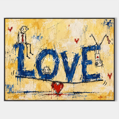 Yellow And Blue Abstract Graffiti Painting Original Artist Rectangular Wall Art For Living Room By Mesonart