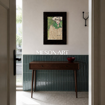 Abstract Modern Portrait With Green Accents Original Oil Painting On Linen Canvas For Living Room Decor