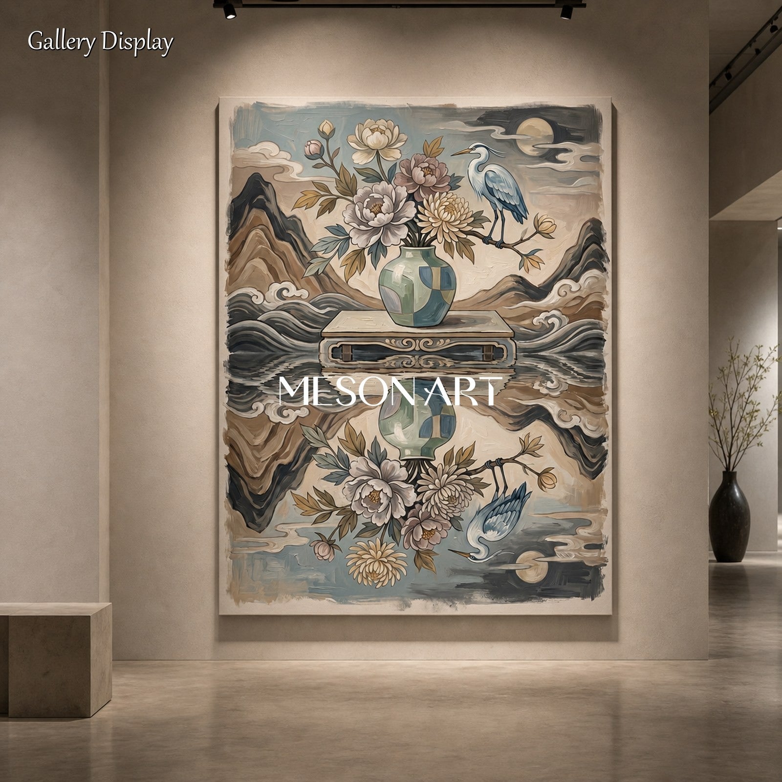 Elegant Chinoiserie Floral And Bird Art Print With Heron For Living Room Decor
