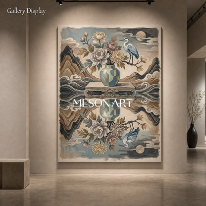 Elegant Chinoiserie Floral And Bird Art Print With Heron For Living Room Decor
