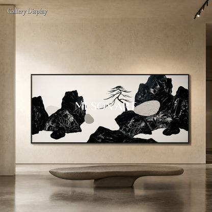 Large Black And White Textured Painting Abstract Landscape Art For Living Room