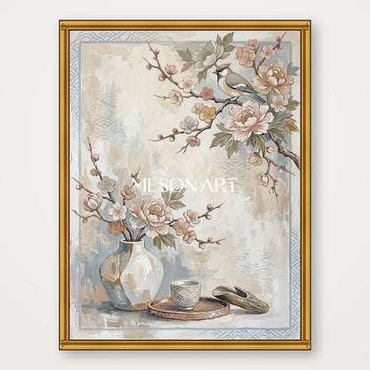 Elegant Beige Floral Bird Painting For Modern Living Room And Dining Room Wall Decor
