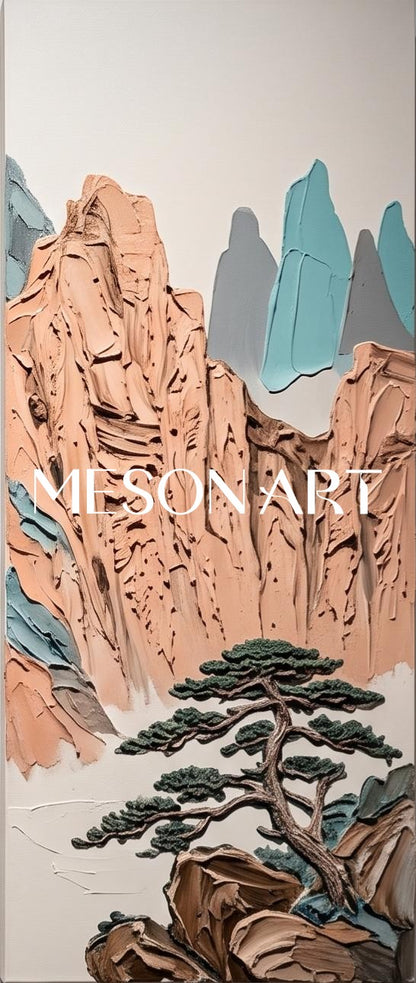 青と茶色のパステル調風景画　長方形のウォールアート　Mesonartによるアーティスト直筆のオリジナル作品