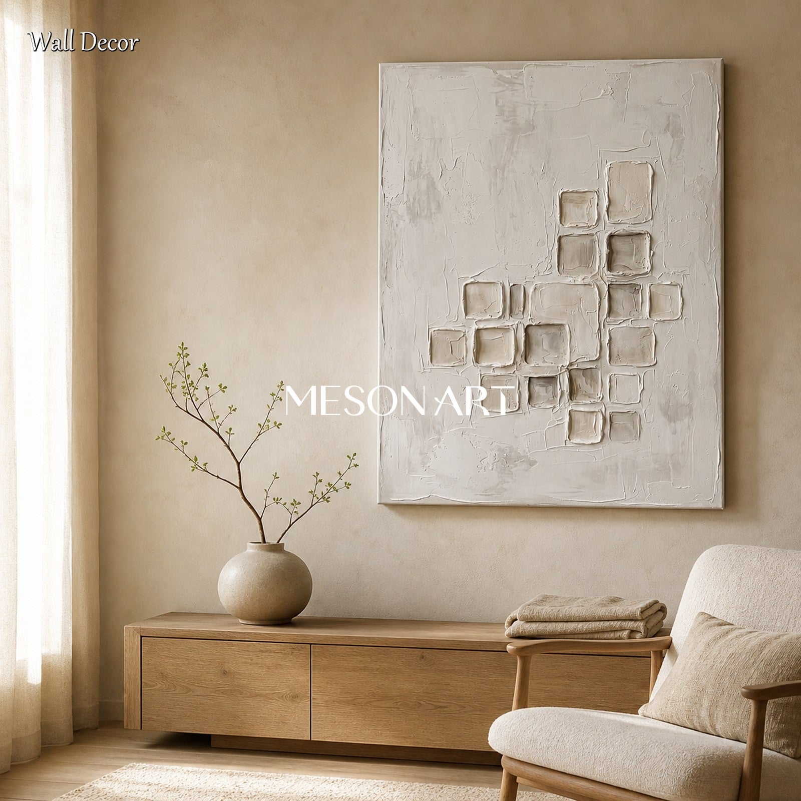 Minimalist White And Gray Abstract Art With Textured Relief For Modern Home Decor