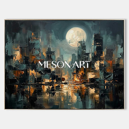 Abstract City Painting With Gold Accents For Modern Living Room Decor