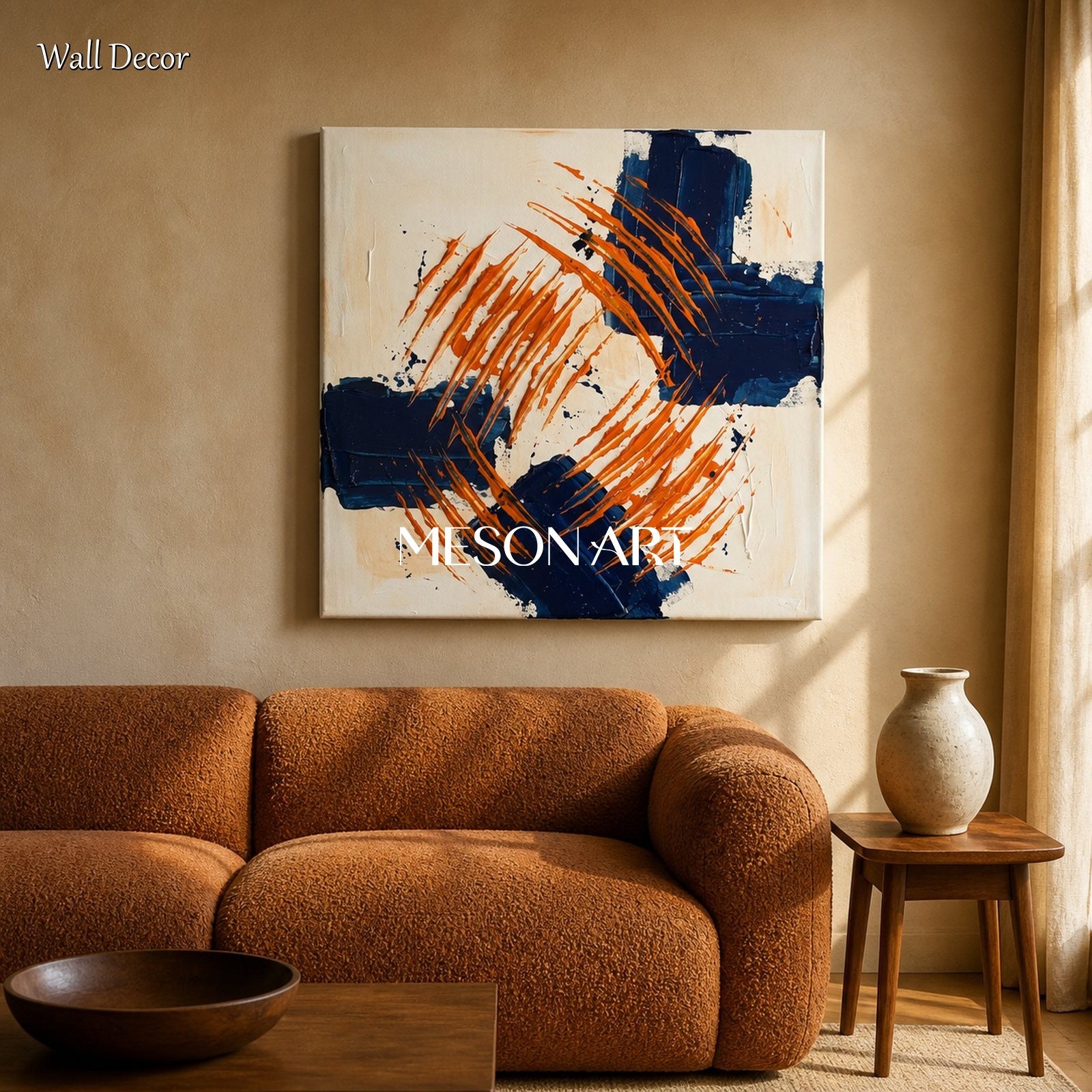 Blue And Orange Abstract Pollock Inspired Square Painting By Artist Wall Art For Living Room By Mesonart