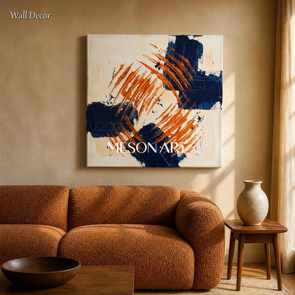 Blue And Orange Abstract Pollock Inspired Square Painting By Artist Wall Art For Living Room By Mesonart