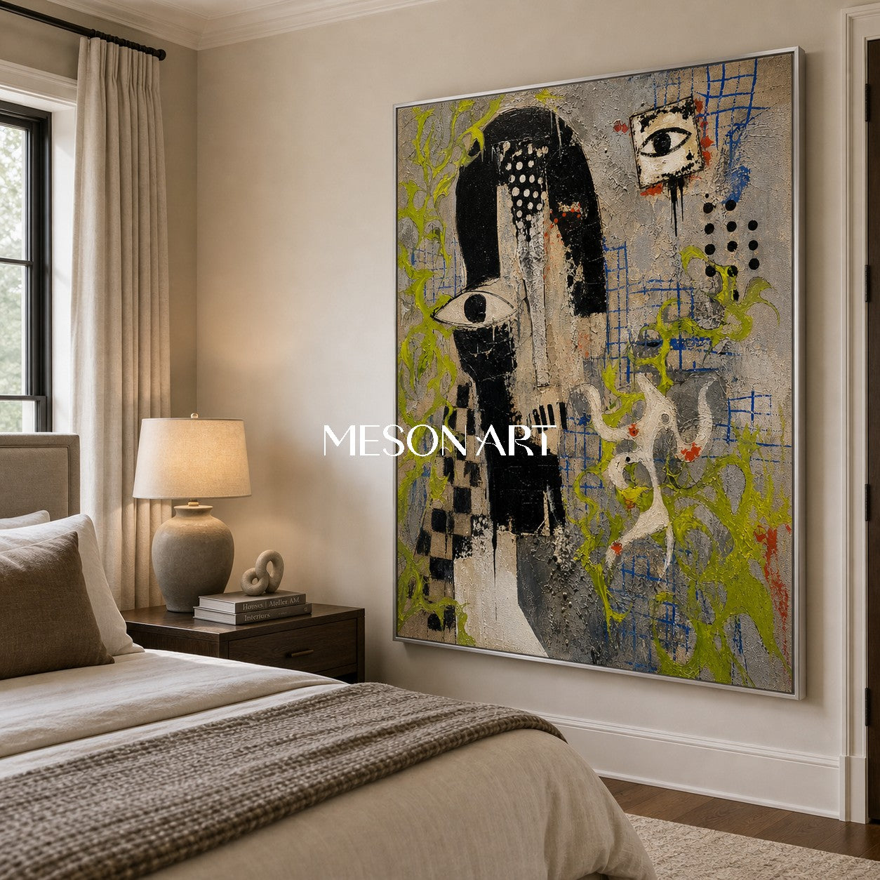 Urban Graffiti Portrait Art With Symbolic Eyes And Green Accents For Modern Loft Decor