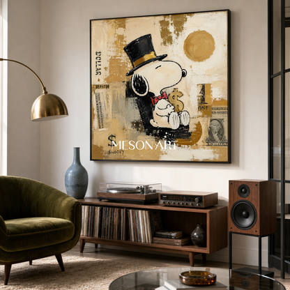 Snoopy Pop Art Painting With Gold Accents For Modern Living Room Decor