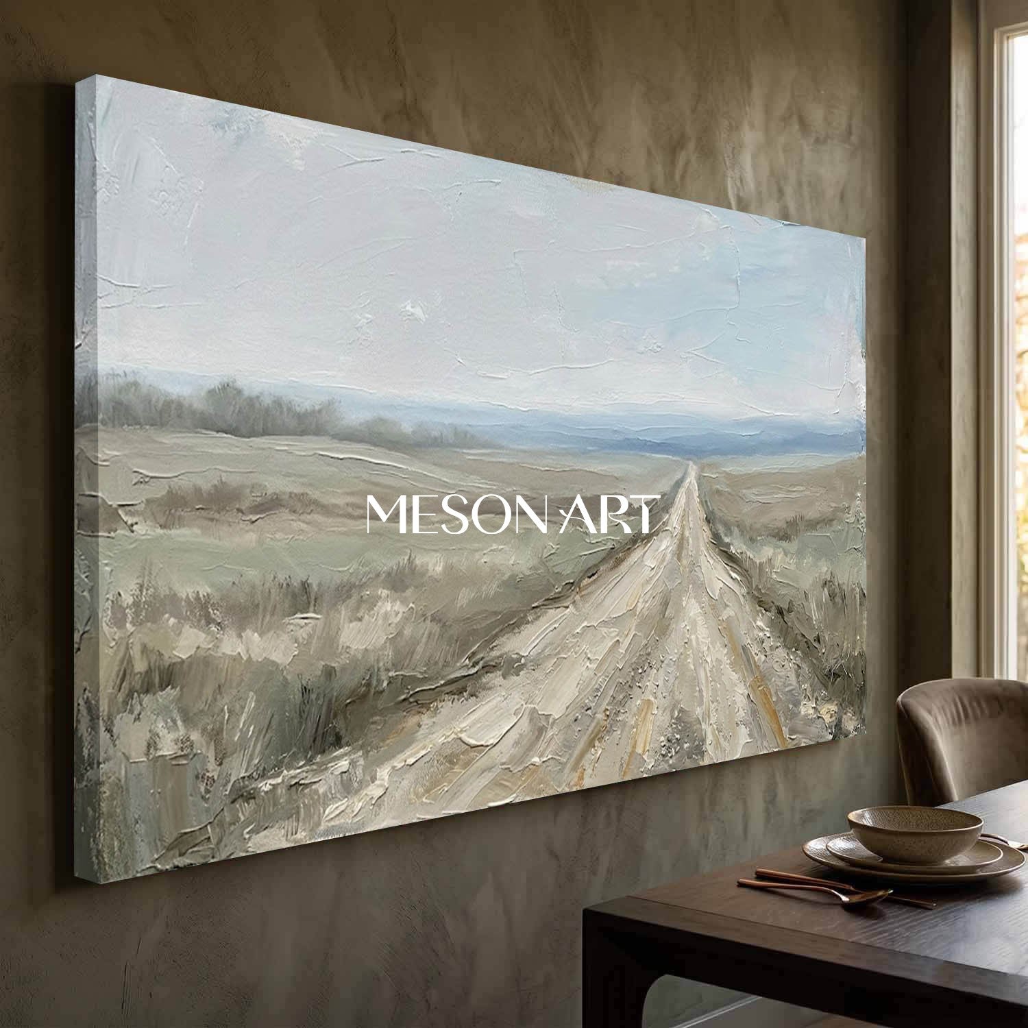 Minimalist Landscape Oil Painting With Textured Relief For Modern Living Room Decor