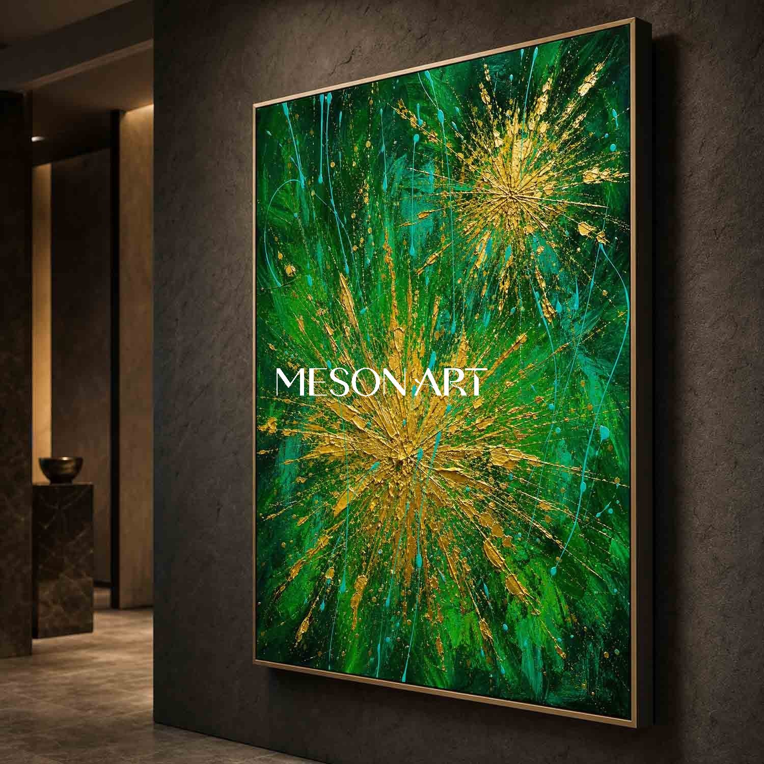 Green And Gold Abstract Painting With Textured Relief And Metallic Accents For Modern Living Room