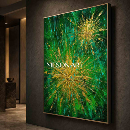 Green And Gold Abstract Painting With Textured Relief And Metallic Accents For Modern Living Room