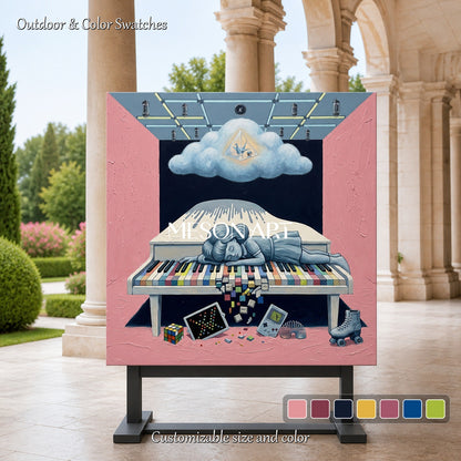 Pink And Blue Surrealism Painting Square Original Artist Hand Painted Contemporary Art Wall Decor For Living Room By Mesonart