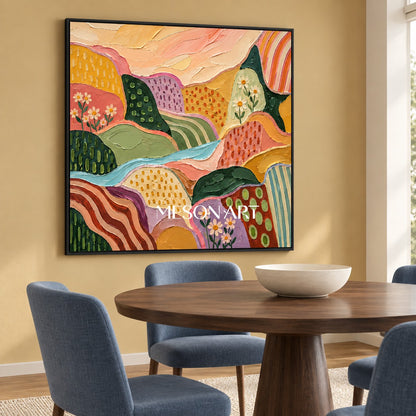Colorful Abstract Landscape Painting Square Wall Art Original Hand Painted By Artist Modern Impasto Style By Mesonart