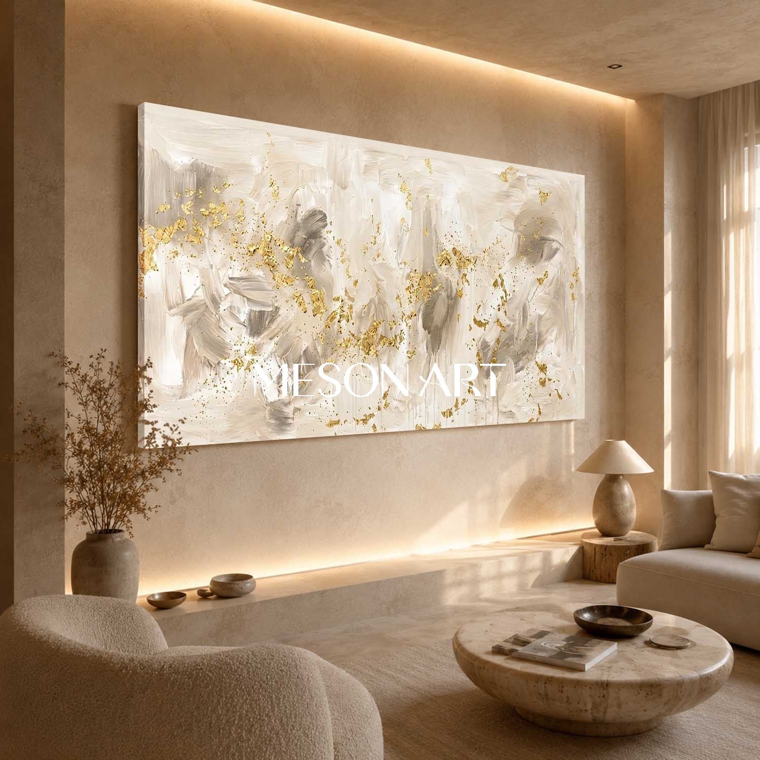 Luxury Gold Leaf Abstract Painting On Linen Canvas For Modern Living Room And Entryway Decor