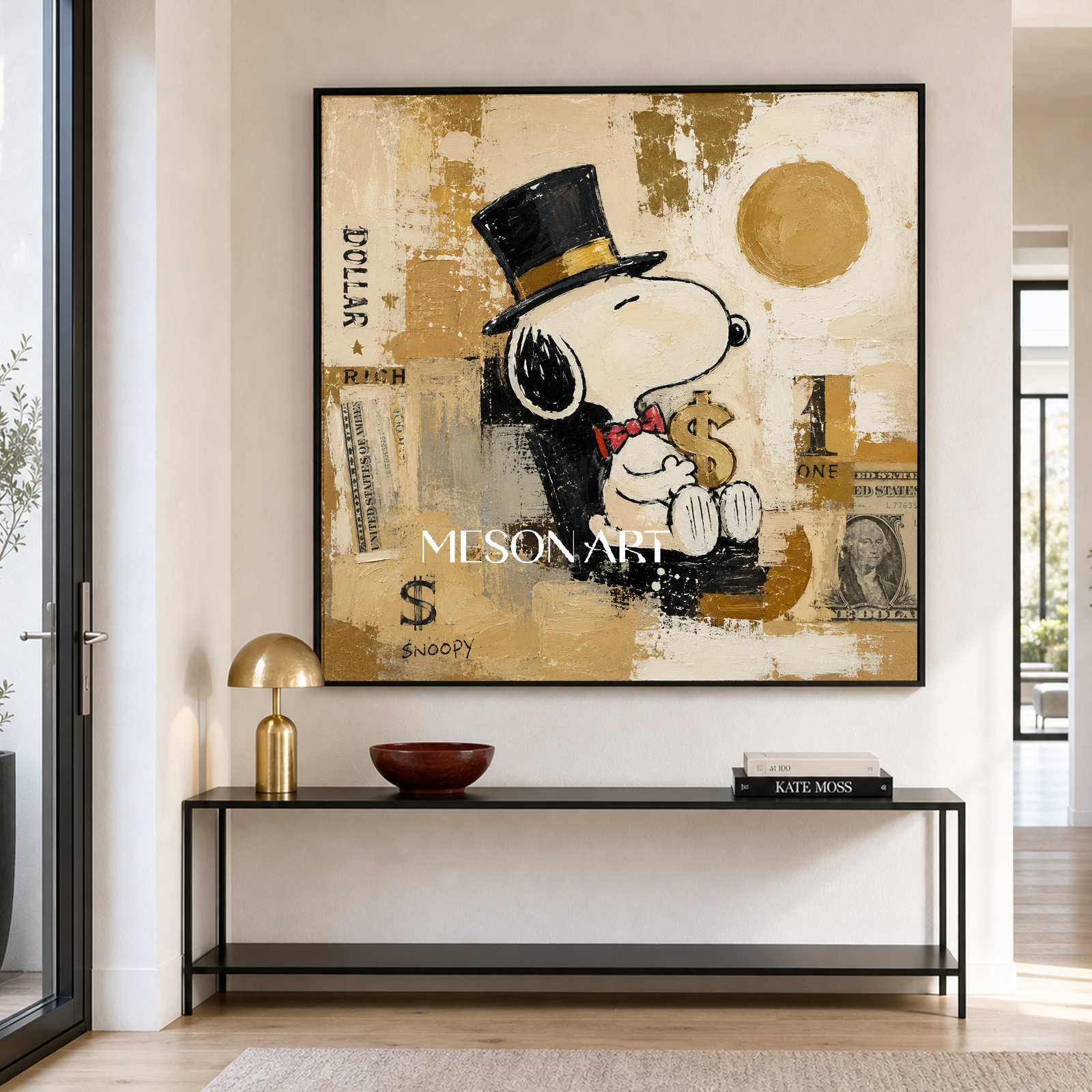 Snoopy Pop Art Painting With Gold Accents For Modern Living Room Decor