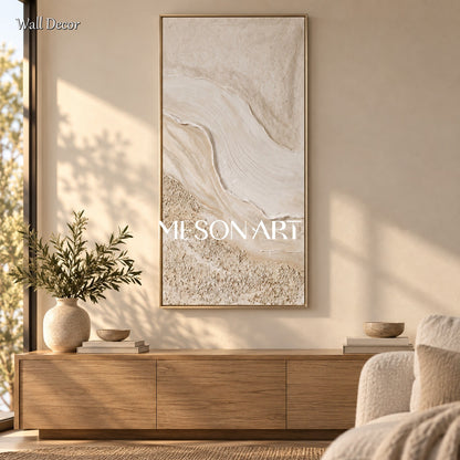 Beige And White Natural Beach Texture Painting Panoramic Wall Art For Living Room By Mesonart