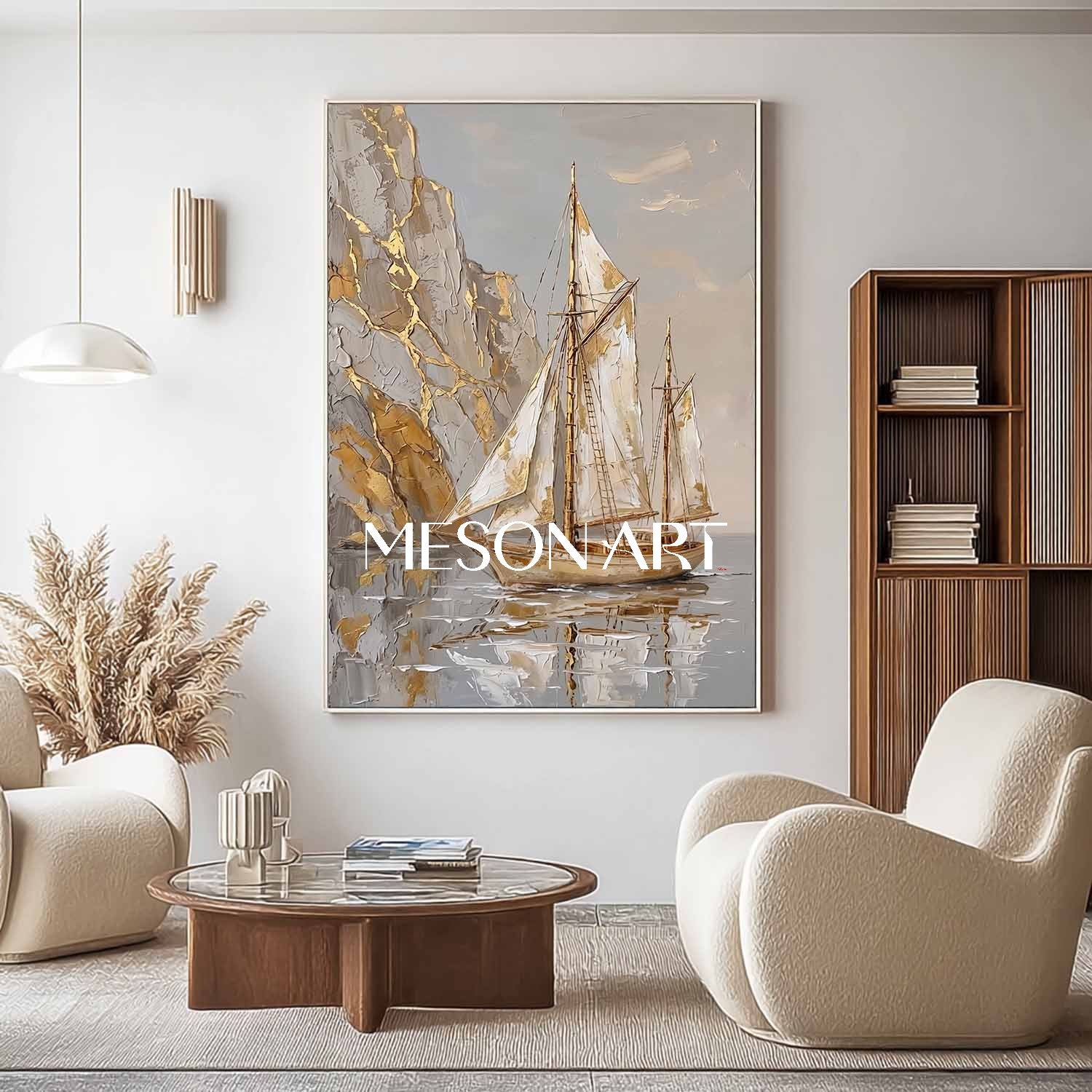 Luxury Gold Leaf Sailboat Painting With Textured Relief For Art Deco Living Room Decor