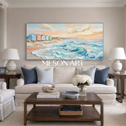 Dreamy Pastel Beach Cottages Seascape Oil Painting For Coastal Living Room Decor
