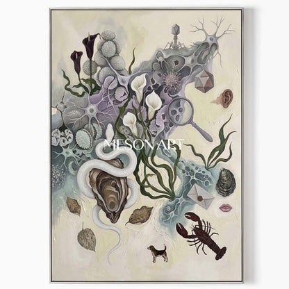 Beige Surreal Biological Hand-Painted Framed Canvas Large Art Entryway