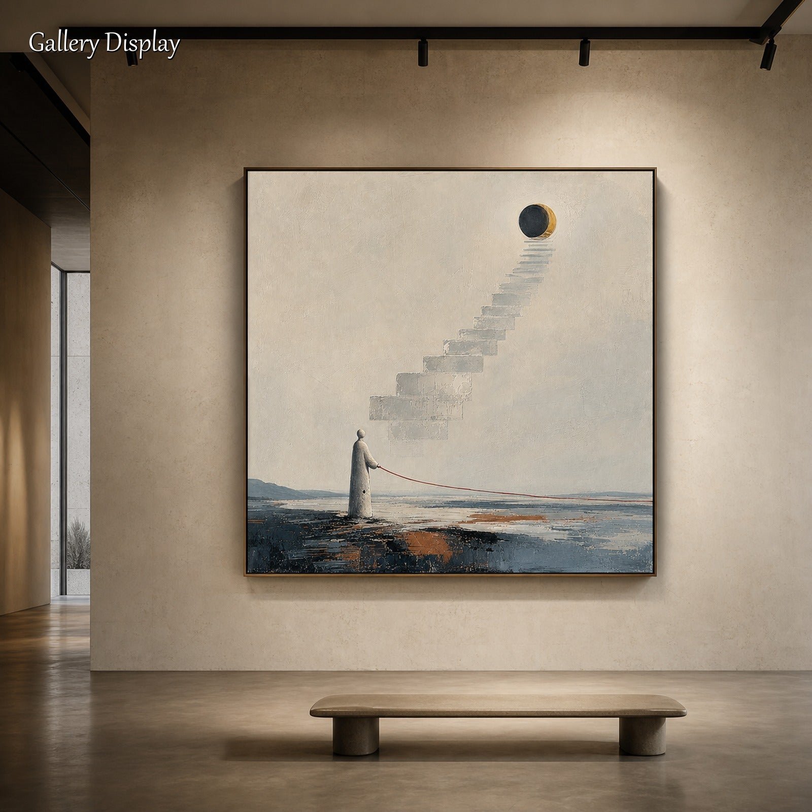 Surrealist Stairway To Moon Original Painting With Textured Plaster And Gold Frame For Living Room
