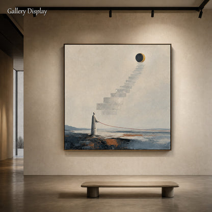 Surrealist Stairway To Moon Original Painting With Textured Plaster And Gold Frame For Living Room