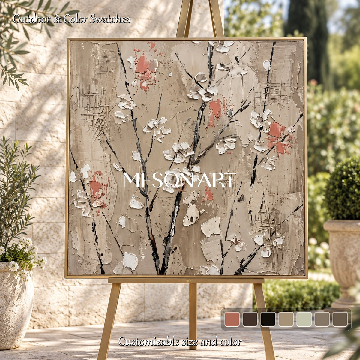 Beige And White Abstract Floral Painting Square Wall Art Original Artist Hand Painted By Mesonart