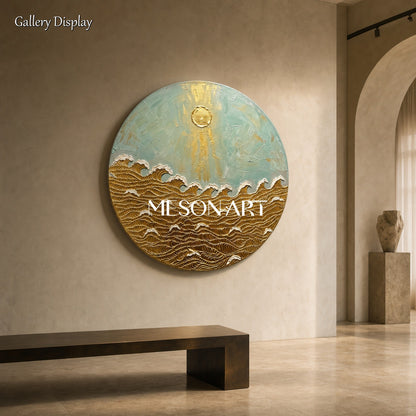 Golden Wave Painting Circular Art Deco Ocean Wall Art For Living Room Entryway