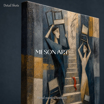 Blue And Gold Cubist Abstract Geometric Modern Figures Stairs Chairs Panoramic Textured Canvas Original Artist Hand Painted By Mesonart