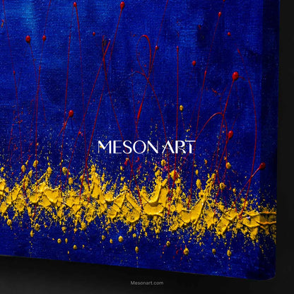 Original Blue And Red Abstract Art With Yellow Texture For Modern Living Room Decor