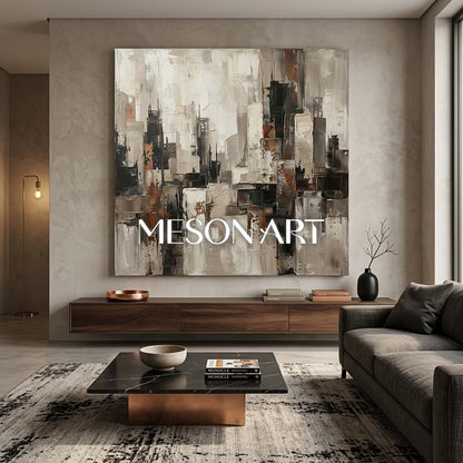 Abstract City Skyline Painting With Plaster Texture For Industrial Loft Decor