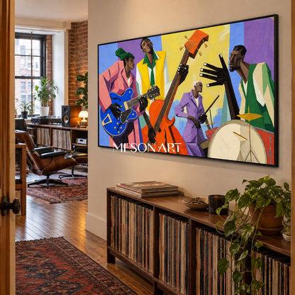 Blue And Yellow Pop Art Jazz Painting Panoramic Wall Art For Living Room Original Artist By Mesonart