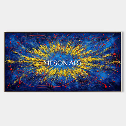 Bold Abstract Blue And Gold Painting With Textured Relief For Modern Living Room Decor